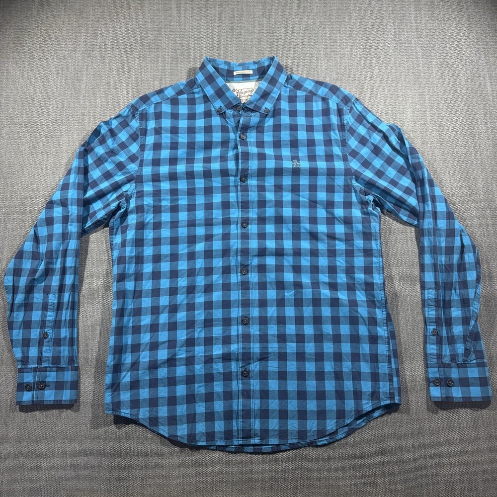 Original Penguin Shirt Mens Medium Blue Check Heritage Slim Fit Button Down